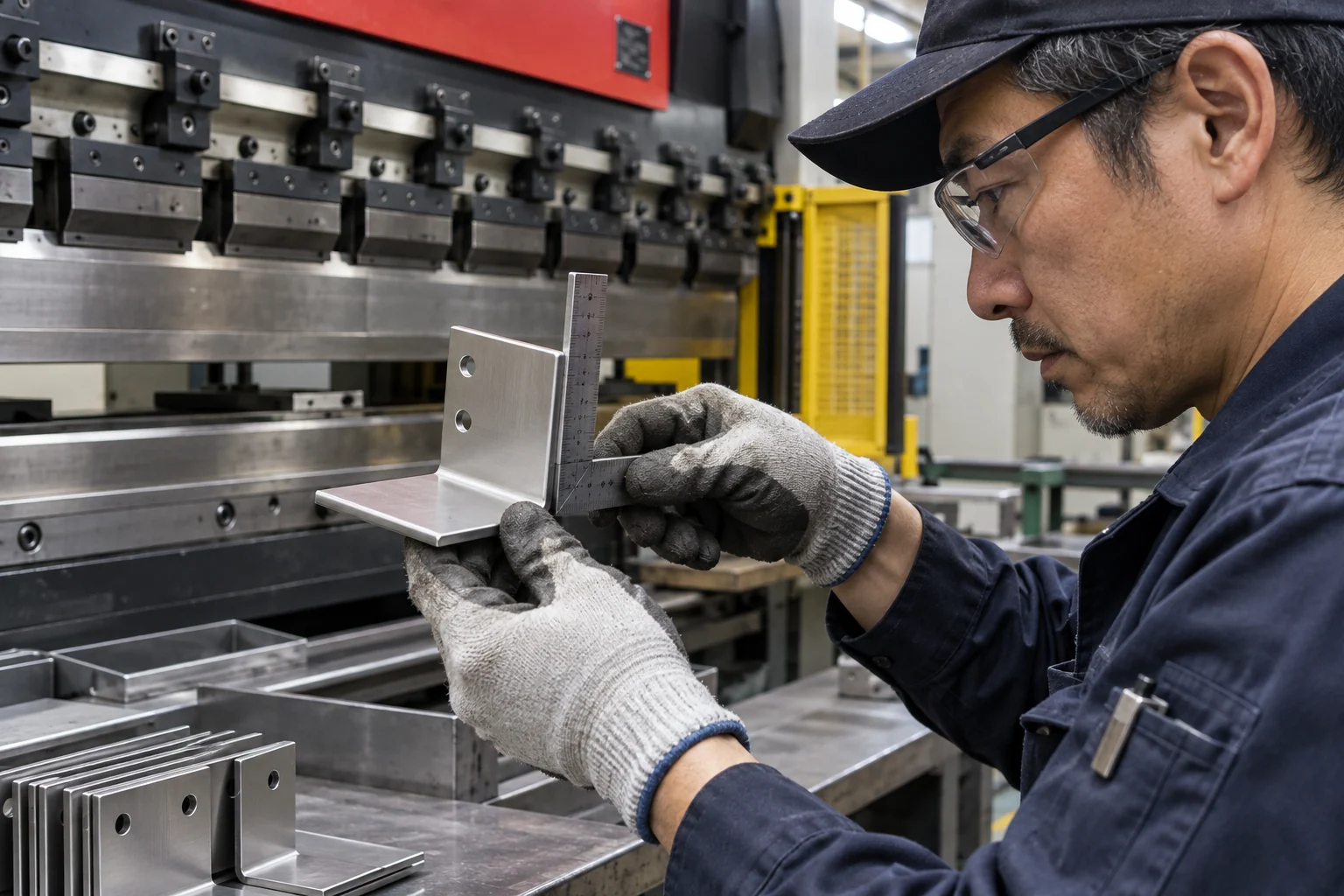 板金加工の作業者が曲げ加工後の金具を角度定規と照合する場面（AI生成イメージ）