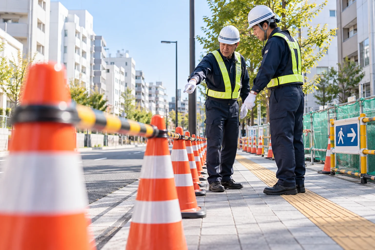 交通誘導警備員が工事前にコーンと歩行者の迂回路を確認する場面（AI生成イメージ）