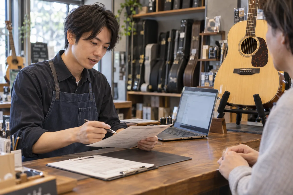 楽器店のカウンターで修理受付メモを確認する店員と顧客の生成イメージ